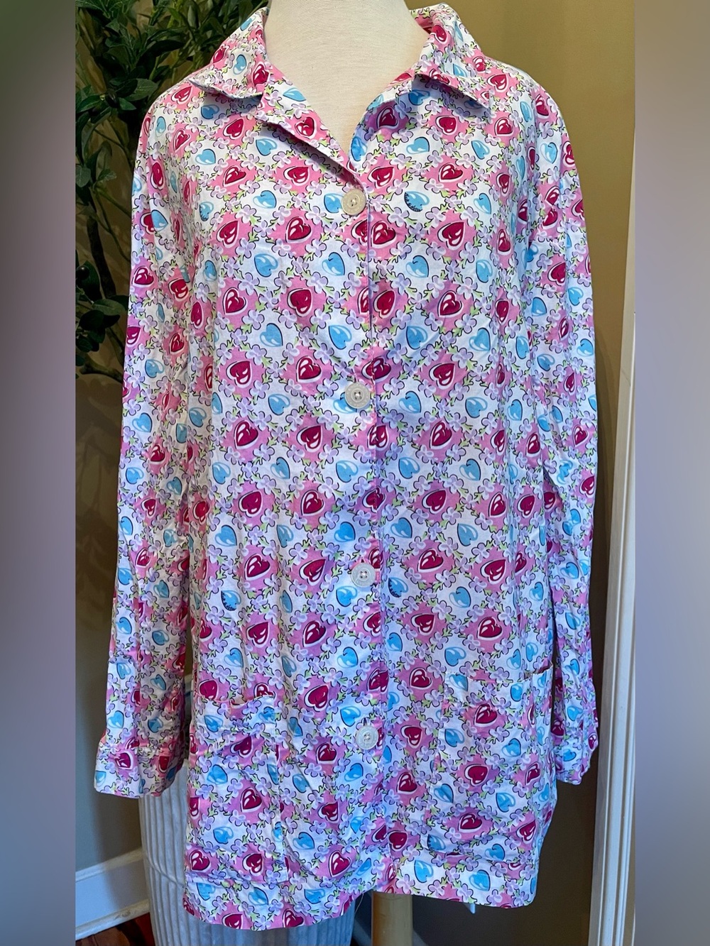 Nick & Nora Pink and Blue Heart-Print Pajama Top